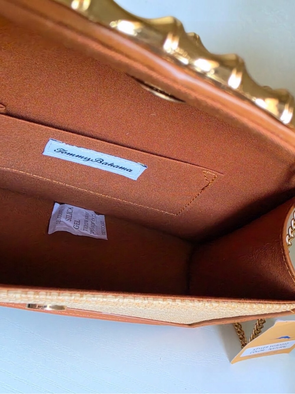 NWT Tommy Bahama Woven Natural Raffia Satchel Crossbody Bag Cognac Leather Gold - Picture 8 of 16